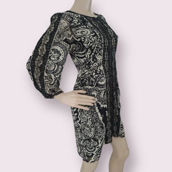Nanette Lepore Silk Dress Shift 3/4 Sleeve Lace Black Ivory Floral Keyhole 12 L - Picture 3 of 11